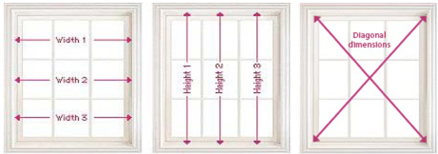 diagram showing correct ways to measure windows' width, height, and diagonal dimensions
