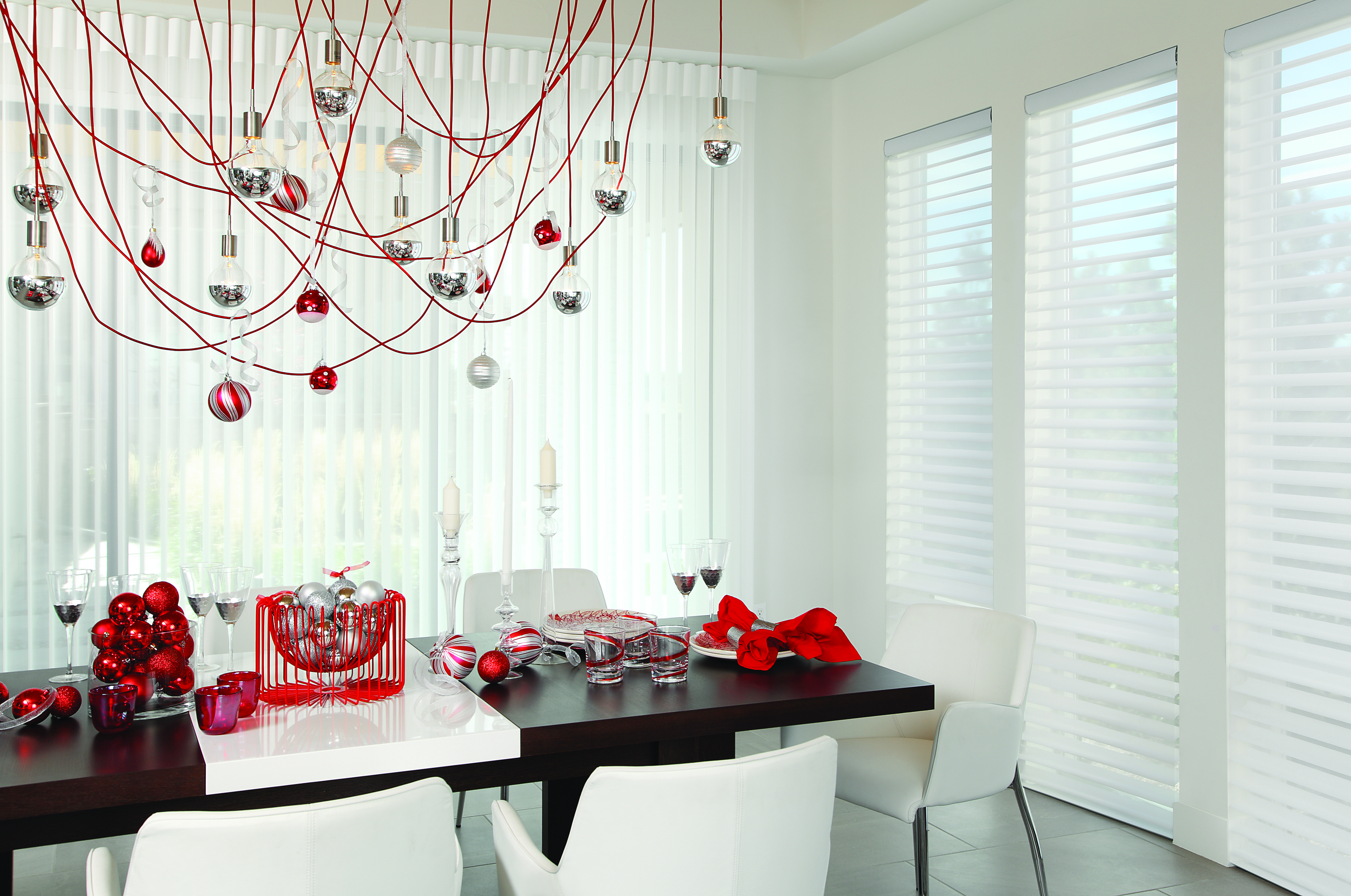 Hunter Douglas Luminette and Silhouette Window Shadings in dining room decorated for holidays