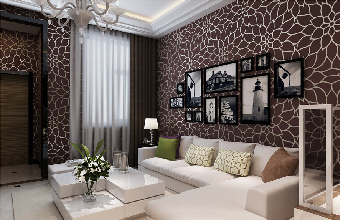 Modern living room with brown wallpaper with outlines of flowers in silver