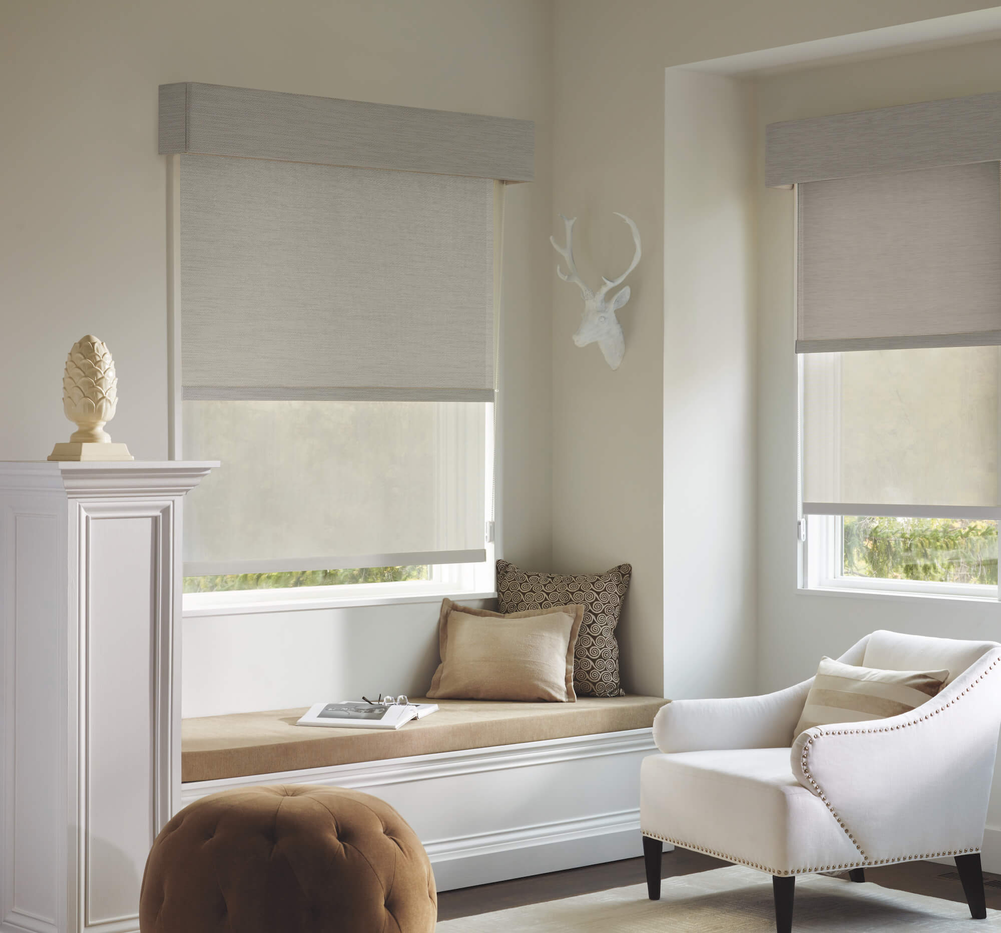 Designer Screen Shades in lounge area
