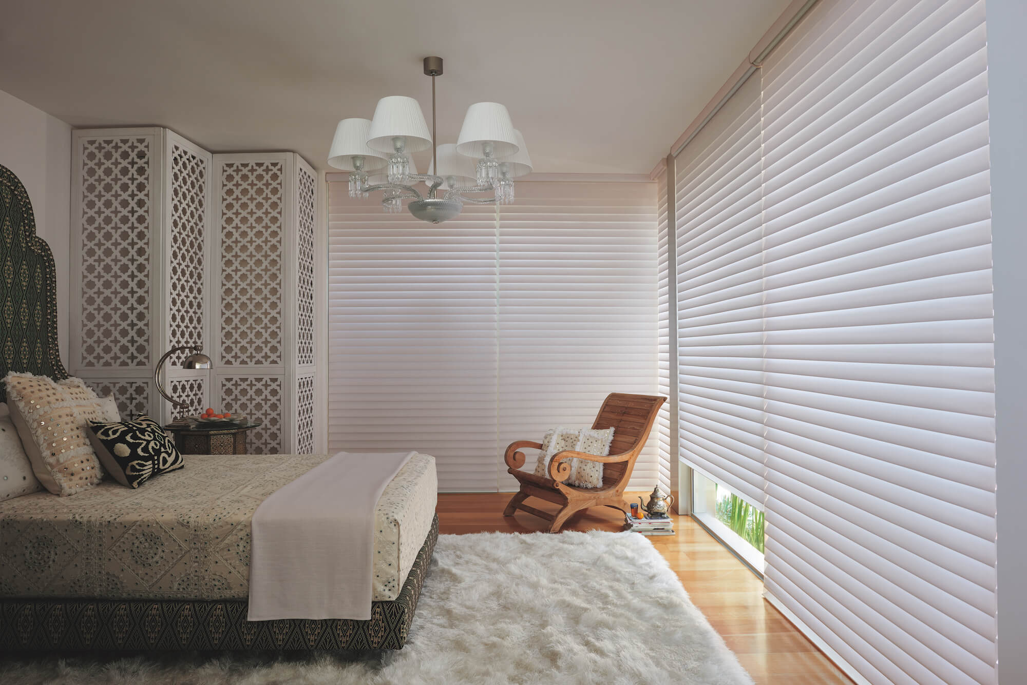 bedroom with floor to ceiling Silhoutte window shadings closed