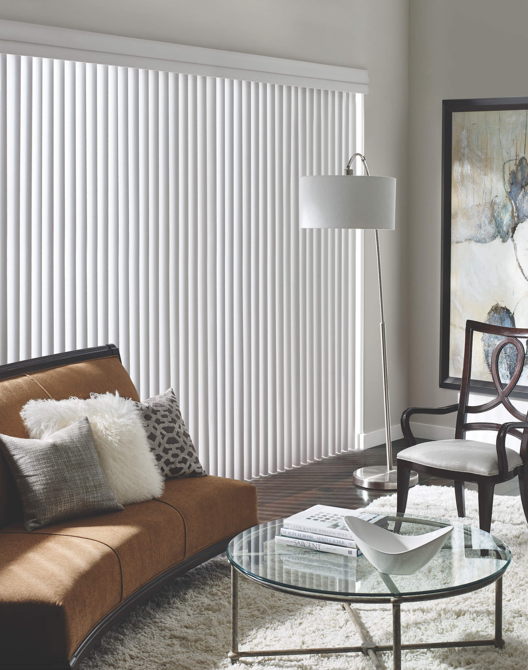 Large family room sliding glass door with Cadence Soft Vertical Blinds