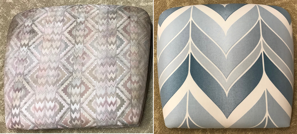before and after upholstered dining room chair cushions with shades of blue Kravet fabric