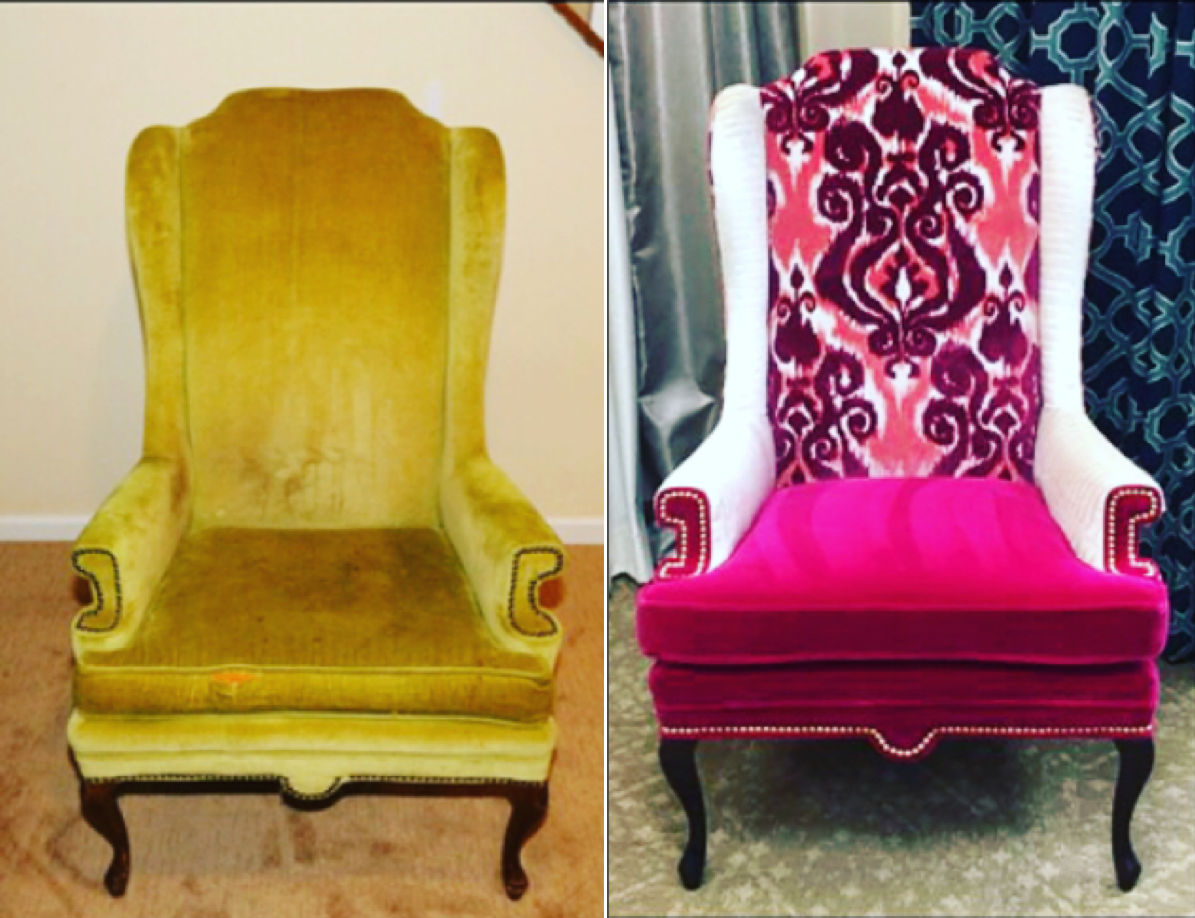 before and after of Wingback chair with bright pink and white fabric