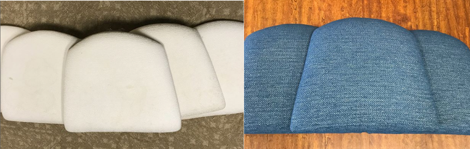 before and after of upholstered blue dining room chair seat cushions