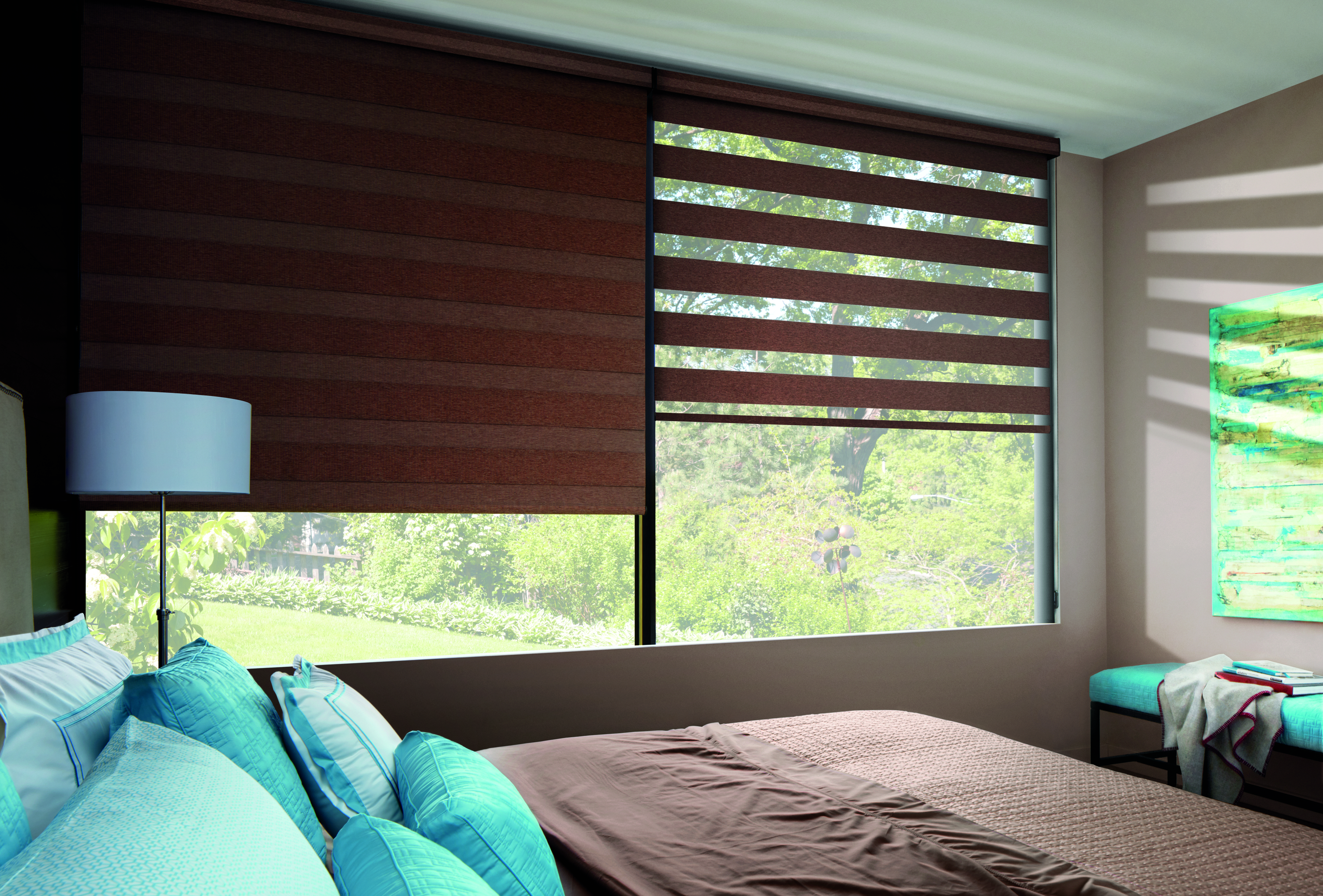 Designer Banded Shades open and closed in bedroom windows
