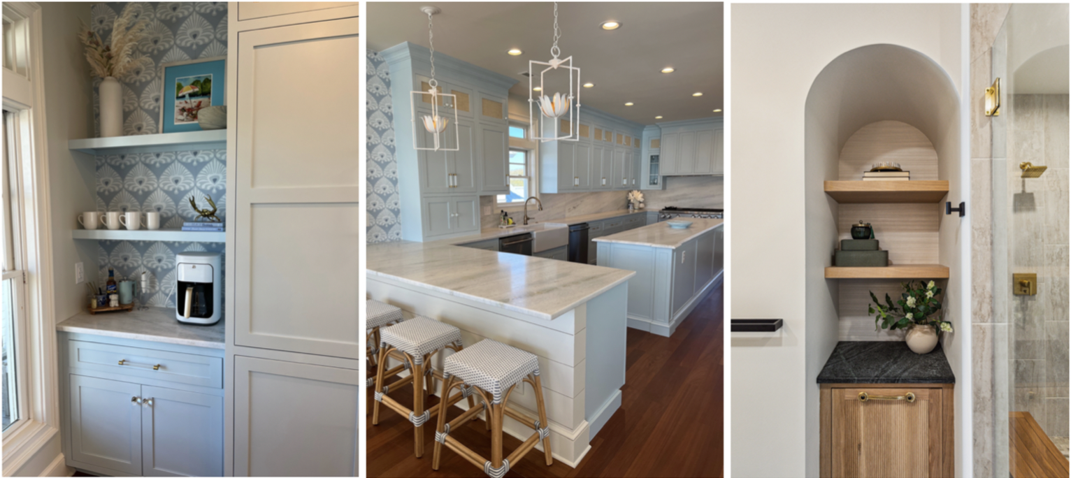 Series of 3 interior designed spaces - kitchen, kitchen nook, and entryway nook.